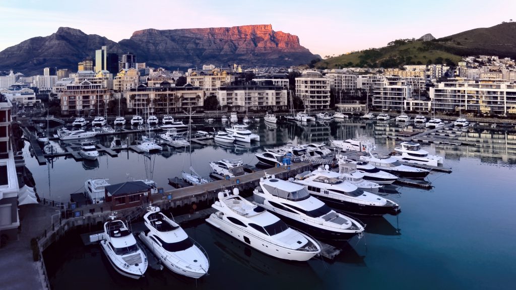 Trip to Cape Town. A captivating marine scene in Cape Town, showcasing a majestic whale breaching the water's surface, with the city's coastline and Table Mountain in the background.
